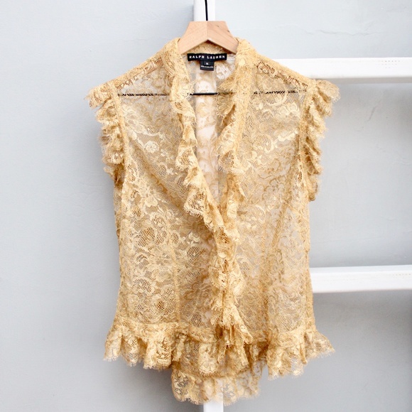 Ralph Lauren Black Label Tops - Ralph Lauren Black Label Gold Lace Ruffle Top
